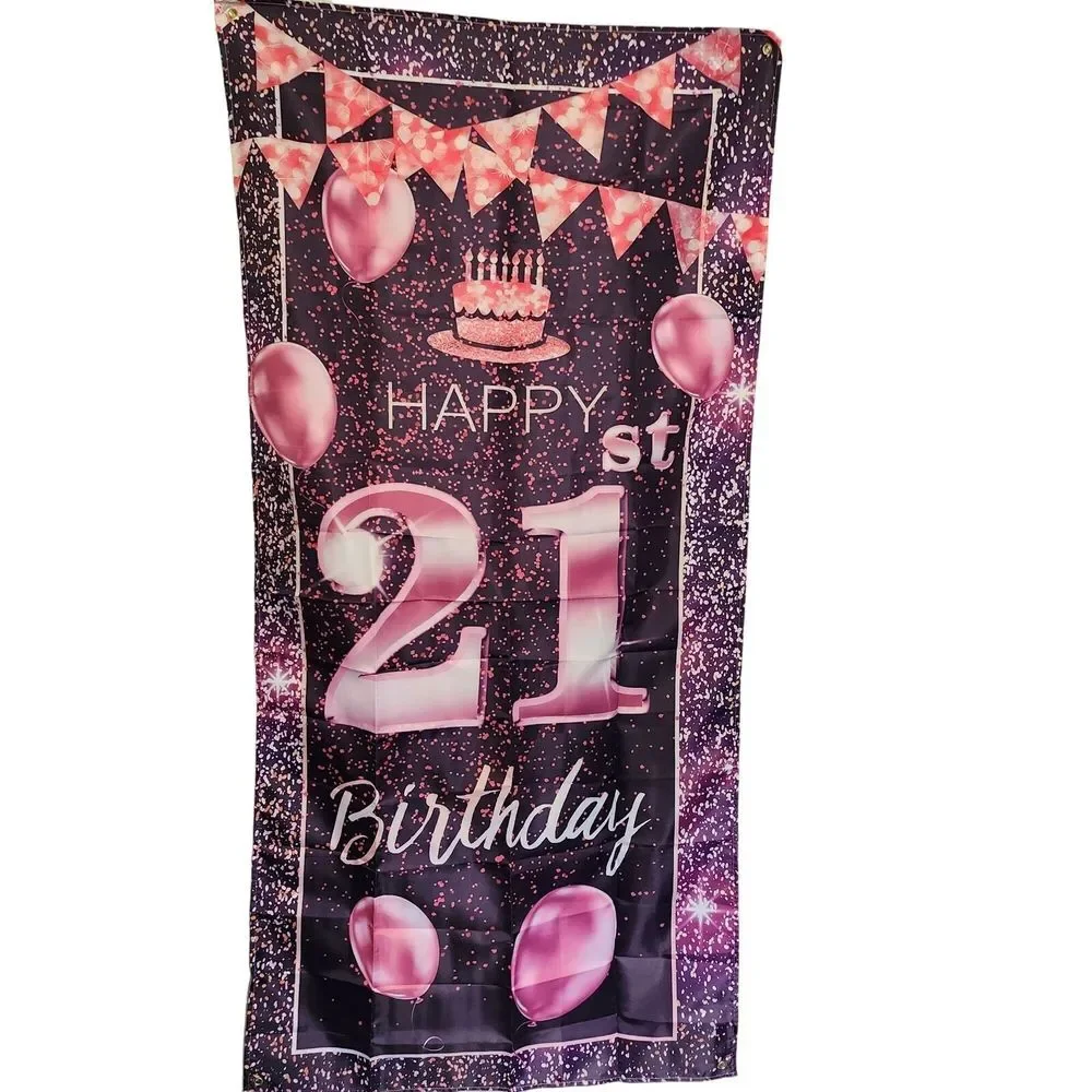 Happy 21st Birthday Banner With Pink Balloons & Cake Print -‎ Party Decoration